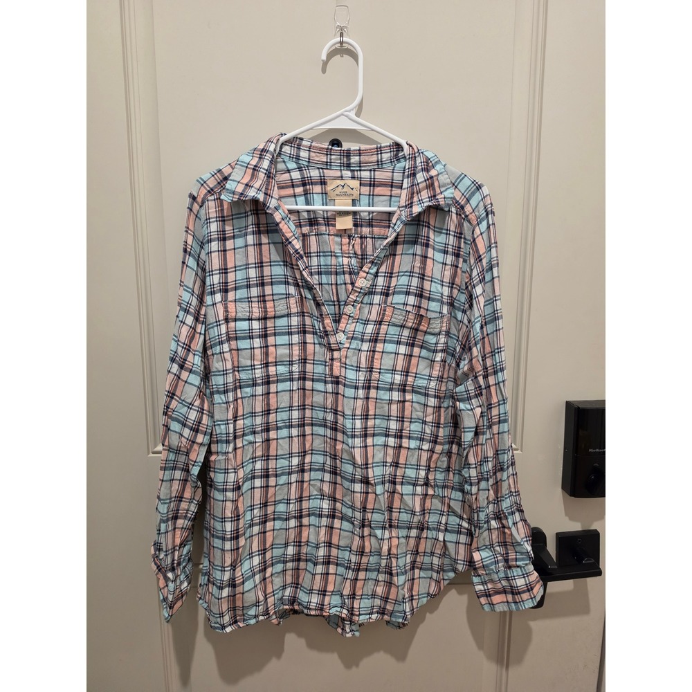 Blue Mountain Plaid Henley Womens XL Pink Blue Roll Tab Sleeve Shirt